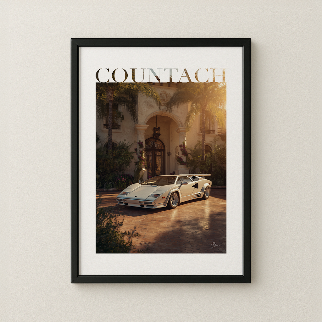 Framed car and motor art print on a neutral wall, a limited edition piece from the Celin Art Motors and Machines collection