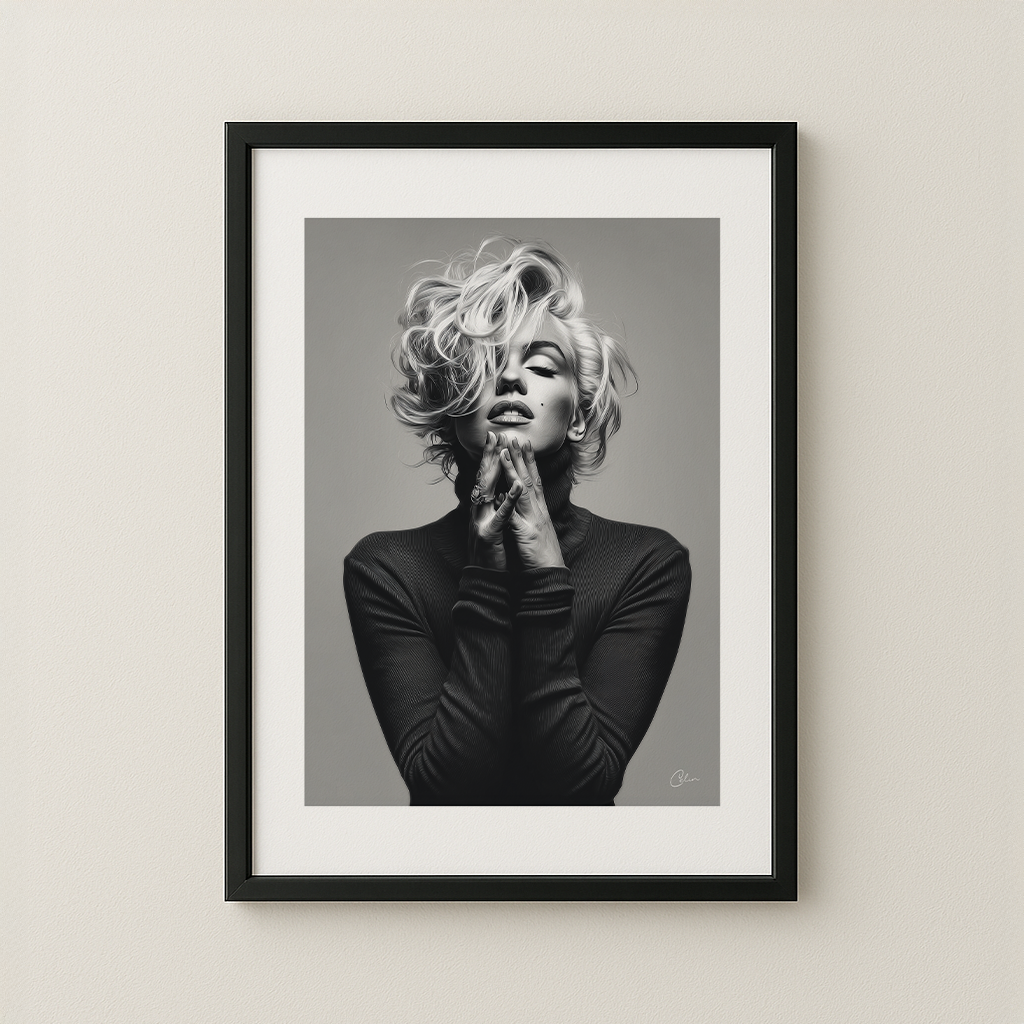 Framed black and white portrait of a woman with wavy hair in classic Hollywood glamour style, on a neutral wall, a limited edition Celin Art print